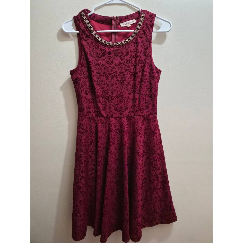 Altar'd State Burgundy Velvet Toile Rhinestone Neck Mini Flare Holiday Dress S